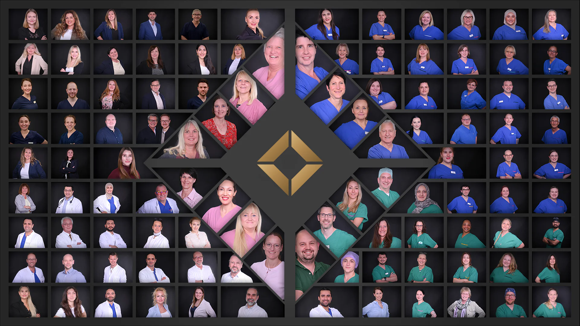 Collage aus Porträts von Mitarbeiterinnen und Mitarbeitern der CGCE Group rund um die goldene CGCE-Raute