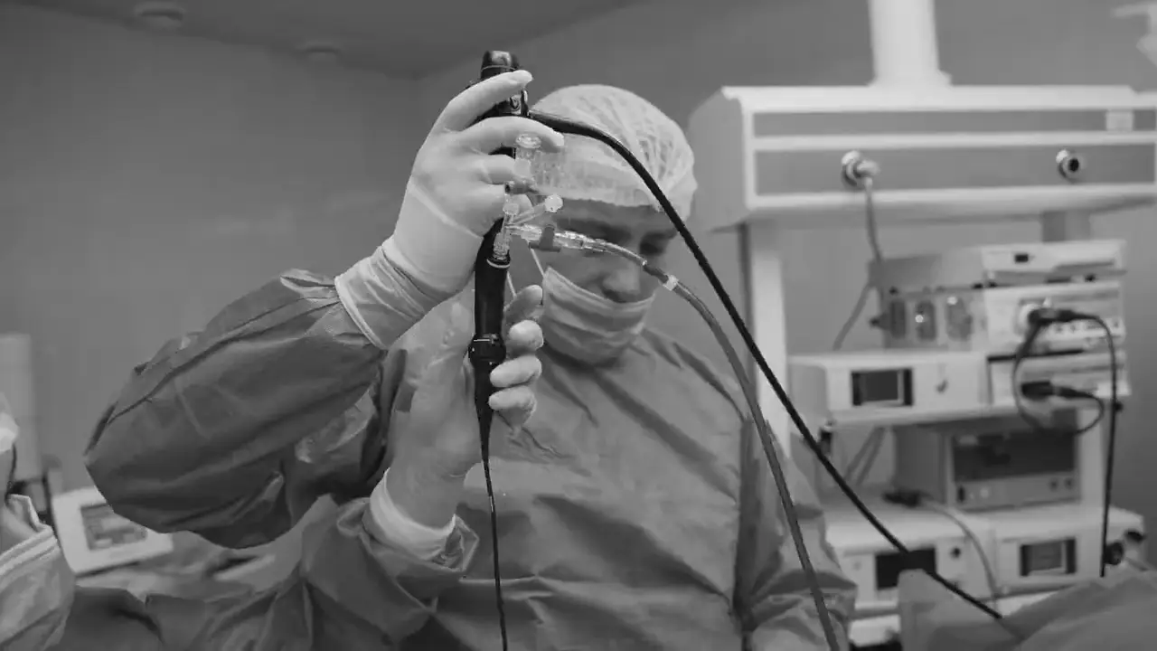An endoscope being prepared for a procedure